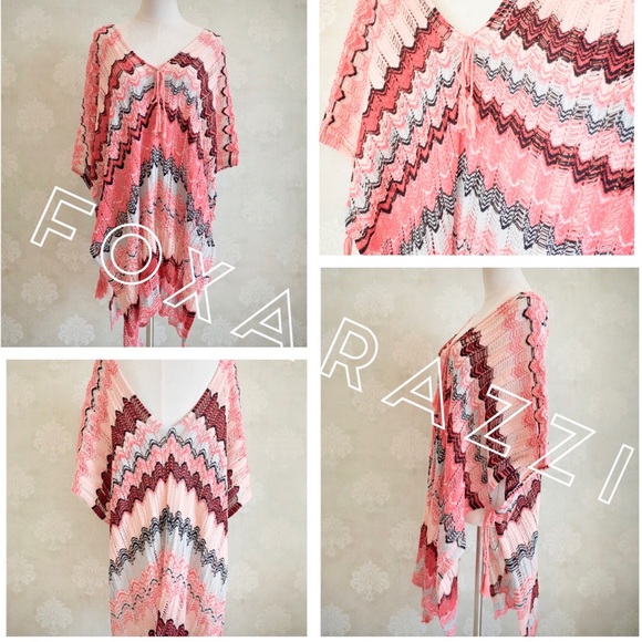 Sexy Coral Pink Knit Striped Coverup Tunic Poncho - Picture 7 of 7